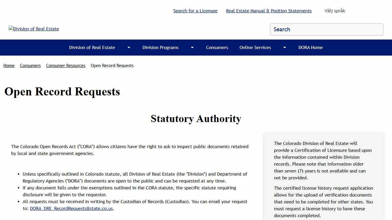 Open Record Requests Division of Real Estate